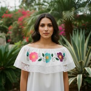 Traditional hand embroidered blouse Flowers 25x 27 in  Size LG TO XL